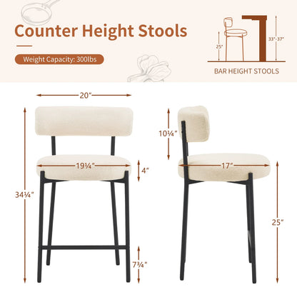 Furniliving Bar Stools Set of 2, Modern Counter Height Bar Stools with Back, Upholstered Bar Height Barstools for Kitchen Counter/Home Bar/Dining Room, Ivory White