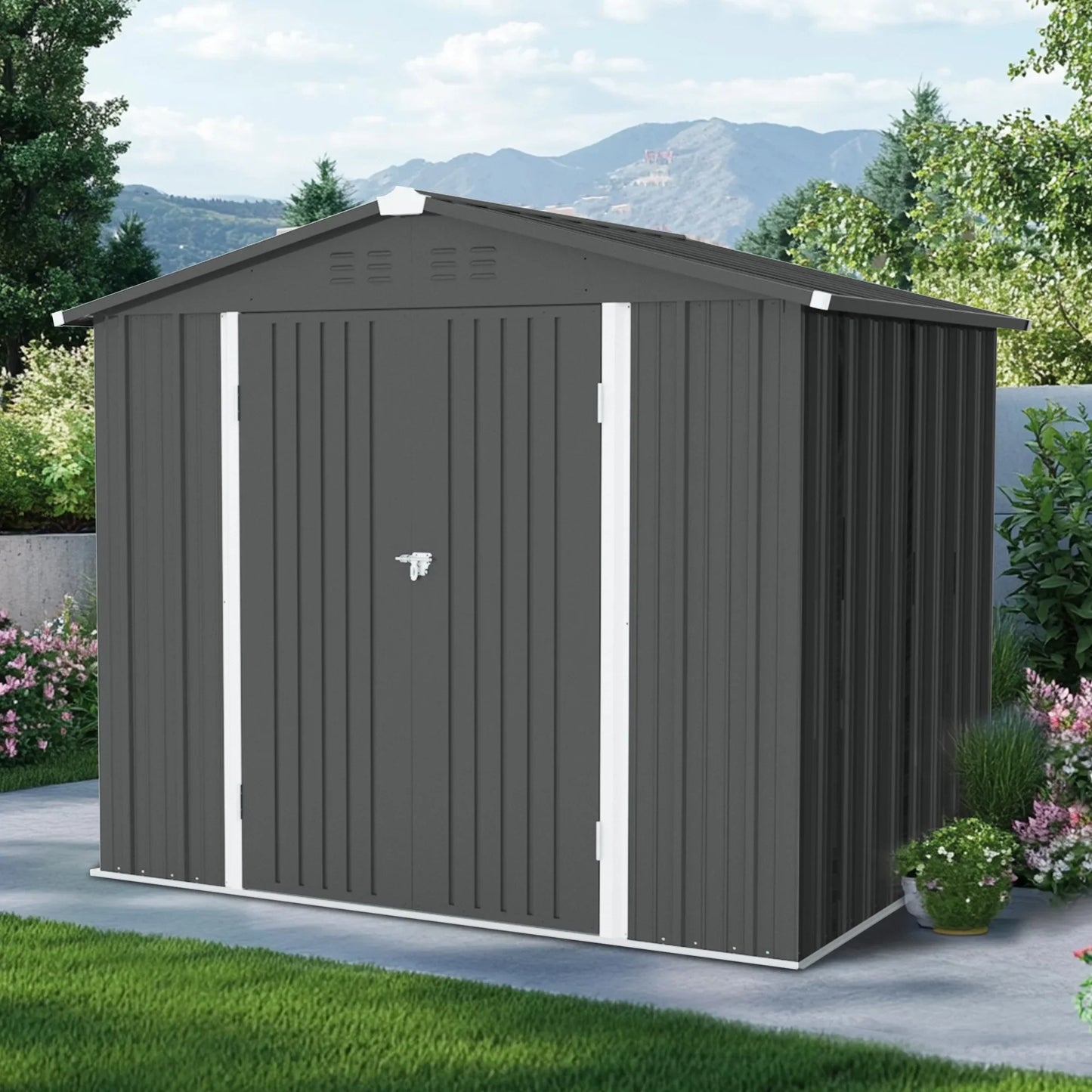 Seizeen Large Shed & Outdoor Storage, 8x6FT Metal Storage Shed for Tools, All-Weather Galvanized Garden Shed with Sloped Top, Backyard Patio Lawn Palisade Shed