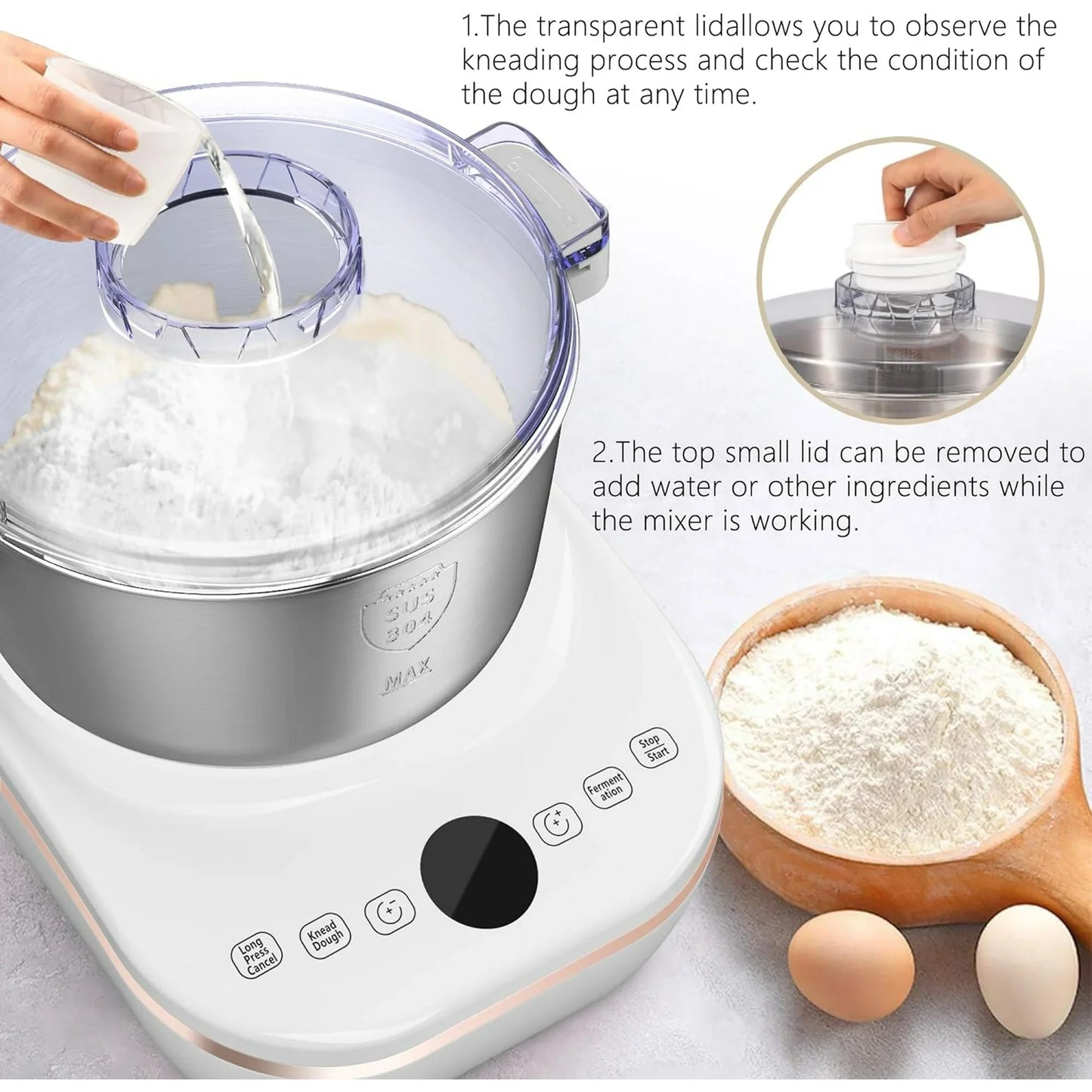 1000W 7.3QT Stand Mixer with Fermentation - Electric Dough Maker for Bread, Pizza, Dumplings & Noodles - 7L Capacity, White, Ideal for Home Baking