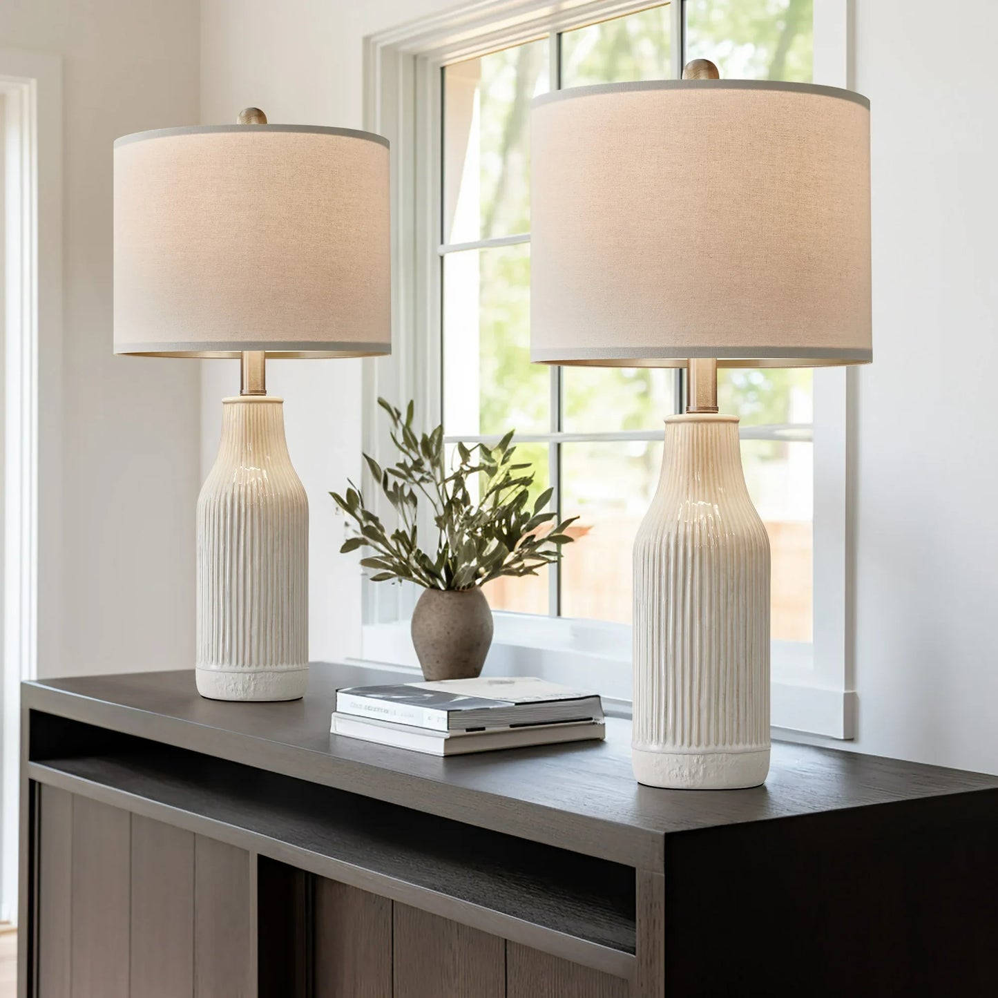 Yokila White Ceramic Table Lamps Set of 2 for Living Room Bedroom 23.25" Modern Bedside Nightstand Lamps