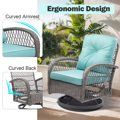 Seizeen Patio Furniture Set, 3 Pieces Outdoor Swivel Gliders Rocker, Wicker Bistro Set with Thickened Cushions, Rattan Porch Balcony Furniture Chair for 2 with Table, 360°Swivel