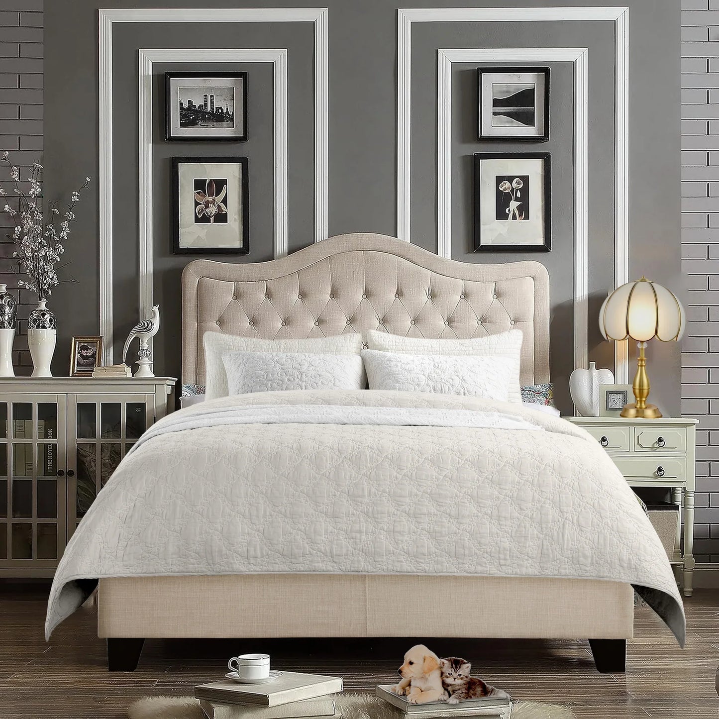 King Size Classical Bed Frame with Adjustable Button Tufted Headboard, Fabric Upholstered Platform Bed Frame for Bedroom, Strong Wooden Slat Support, Easy Assembly, Beige