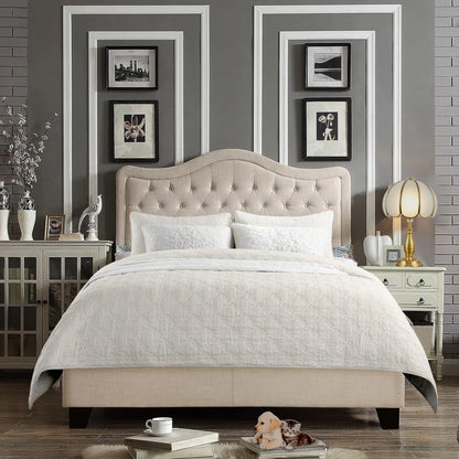 King Size Classical Bed Frame with Adjustable Button Tufted Headboard, Fabric Upholstered Platform Bed Frame for Bedroom, Strong Wooden Slat Support, Easy Assembly, Beige