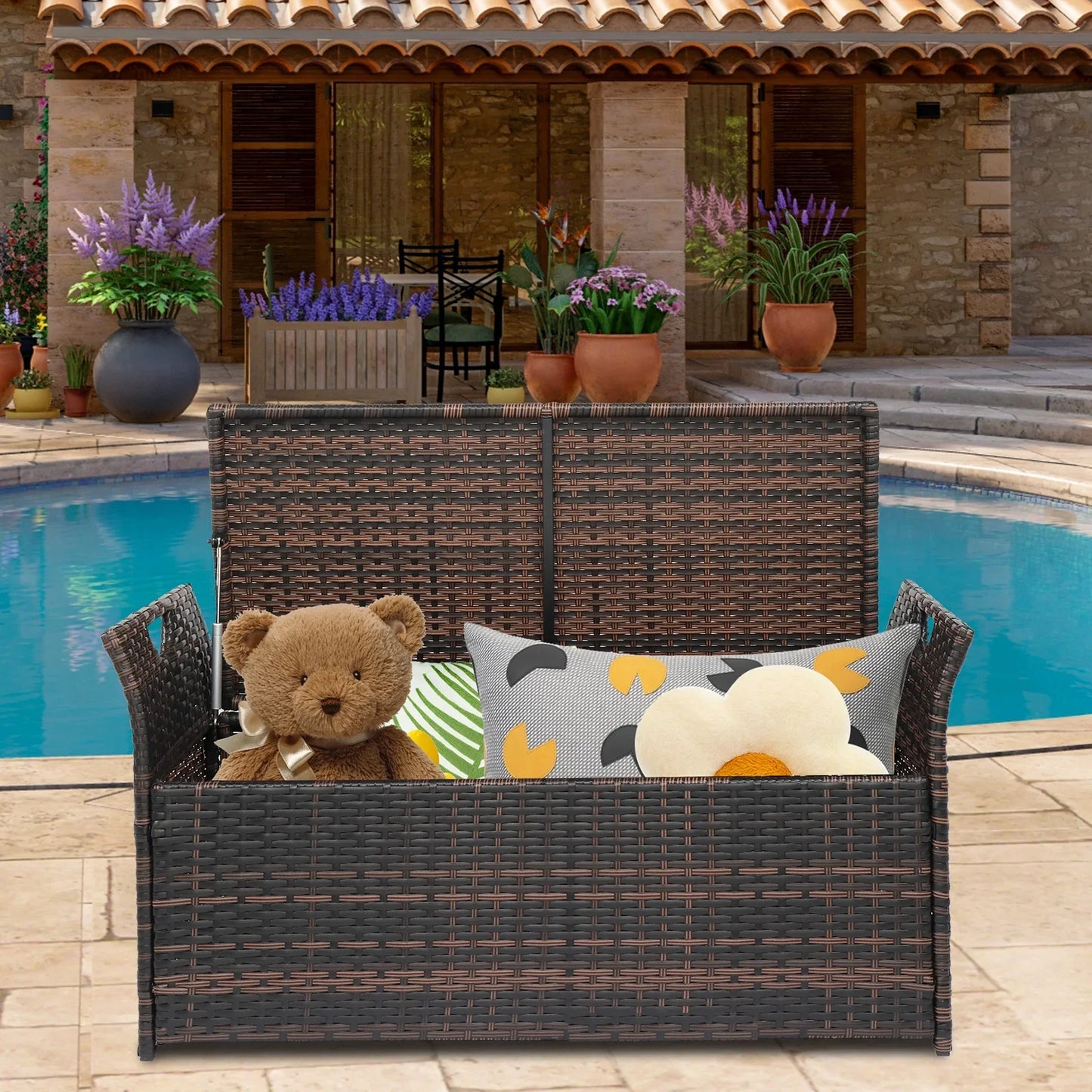 Seizeen Patio Storage Bench, Outdoor Wicker Deck Box, PE Rattan Patio Storage Furniture with All-Weather Zippered Cushion, Brown, 41.7inch