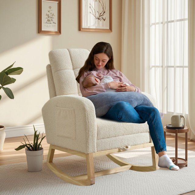 SENCHO GINSYTALIOR Modern Accent Rocking Chair with Solid Wood Legs, adjustable Footrest,Comfy Armchair with Side Pocket, Living Room Lounge Arm Chair with High Backrest(Beige）