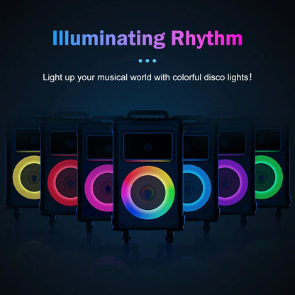 FanFun Large Party Speaker, 25.20" Big Bluetooth Speaker with Rolling Wheels & Trolley, 800W Peak Power, Portable Wireless Outdoor Speaker PA System with DJ Lights & Mics, Powerful Bass