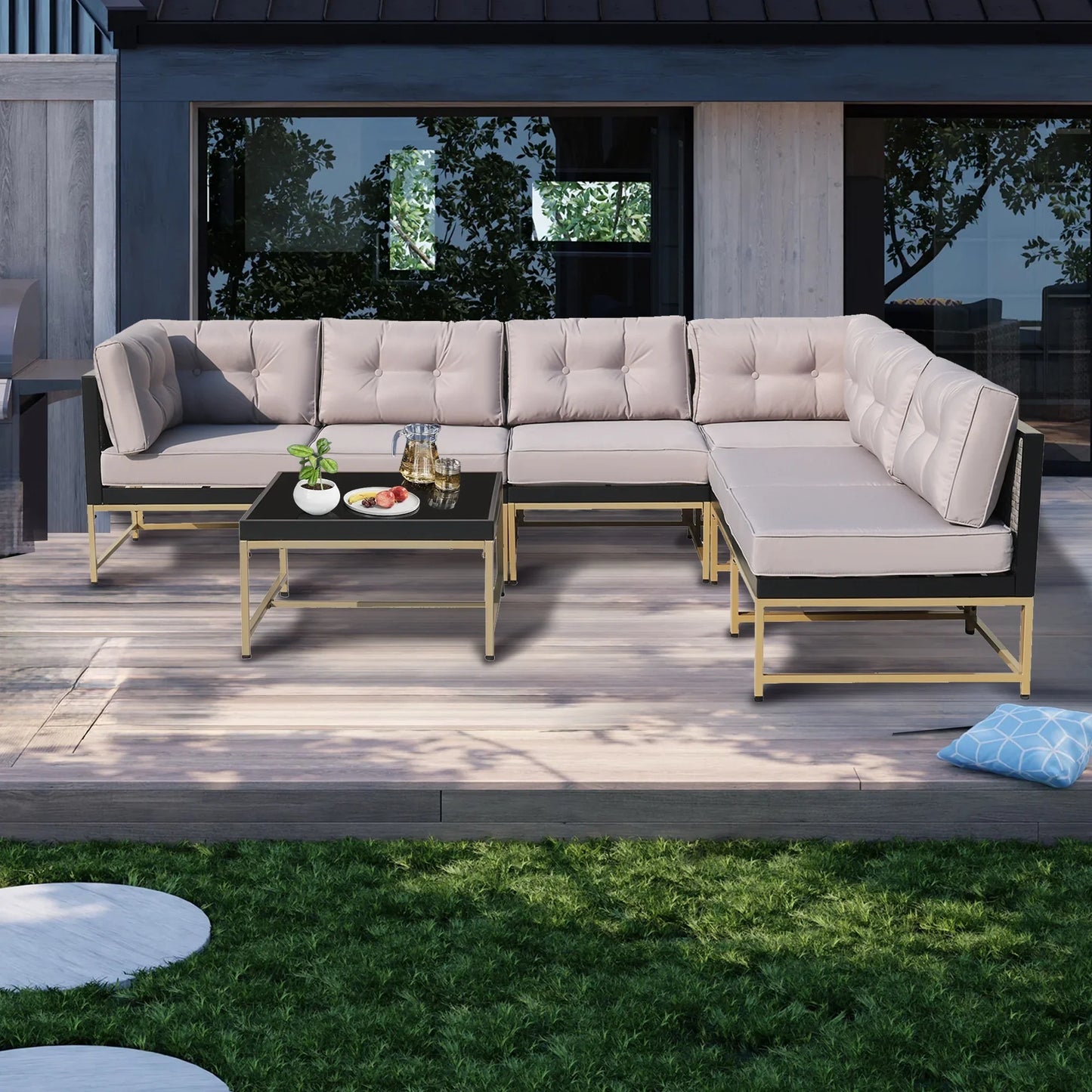 Clearance! 7 Pieces Patio Funiture Set, Outdoor Furniture Sectional Sofa Set,Manual Wicker Rattan Patio Conversation Set Heavy-duty Frame, with Cushions and Table, Gray