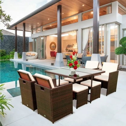 Seizeen Patio Dining Table Set, 9 Pieces Outdoor Dining Set With Cushions, All-Weather PE Rattan Furniture Set for Garden Yard Deck, 1 Glass Top Table, 4 Chairs and 4 Stools