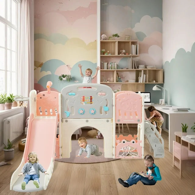 11 in 1 Toddler Slide, Kids Slide for Toddler Age 1-3 with Basketball Hoop, Kids Slide Playset Structure, Arch Tunnel and Telescope, Toy Storage Organizer for Toddlers, Kids Climbers Playground