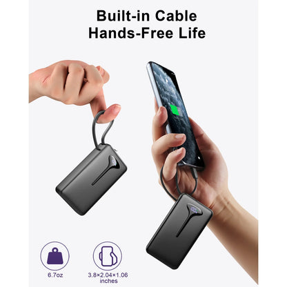 Portable Charger 10000mAh, Power Bank LED Display with 22.5W Fast Charging Battery Pack USB-C In&Out with Built in Cable Battery Bank, Powerbank for iPhone/Android/Samsung Laptop,Travel Essentials