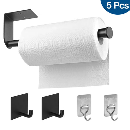 Aovky Paper Towel Holder Under Cabinet, 13.9 inch Self Adhesive Paper Towel Holder Wall Mount with 4 Hooks Stainless Steel Paper Towel Roll Rack for Kitchen Bathroom RV, Black