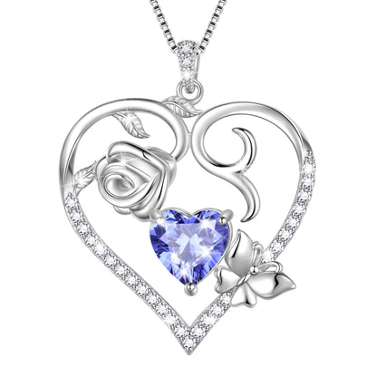 Beautlace 925 Sterling Silver Heart Rose Necklace,Butterfly Flower Cute Animal Pendant Necklace Jewelry Birthday Christmas Valentines Mother's Day Gifts for Women Mom -December