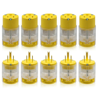 ELEGRP Lighted Straight Blade Electrical Plug and Connector Set 15 Amp 125 Volt NEMA 5-15P NEMA 5-15R 2 Pole 3 Wire Grounding, Commercial Grade, Yellow, 5 Set