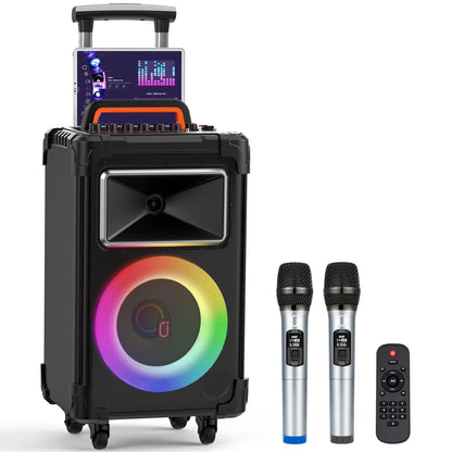 FanFun Large Party Speaker, 25.20" Big Bluetooth Speaker with Rolling Wheels & Trolley, 800W Peak Power, Portable Wireless Outdoor Speaker PA System with DJ Lights & Mics, Powerful Bass