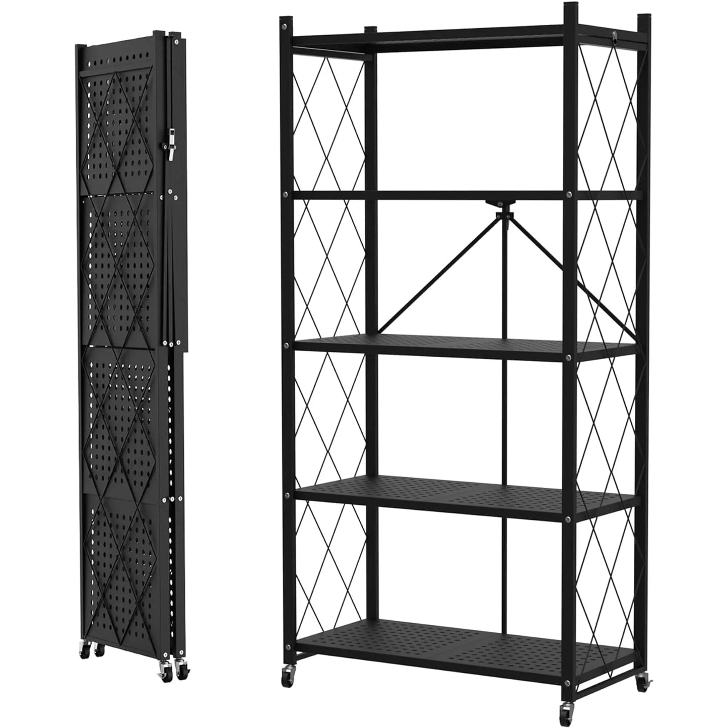 HYEASTR 5-Tier Foldable Storage Shelf with Wheels - Metal Collapsible Shelving Unit Display, Rolling Cart for Books Kitchen Storage Shelves, Pantry & Closet Organizer, Office Room Decor - Black