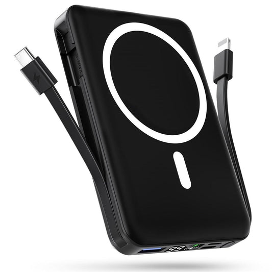 Podoru Wireless Portable Charger, 10000mAh Magnetic Power Bank Built-in USB C Lighting Cables 22.5W PD Fast Charging LED Display Battery Pack for for iPhone 16/15/14/13/12 - Black