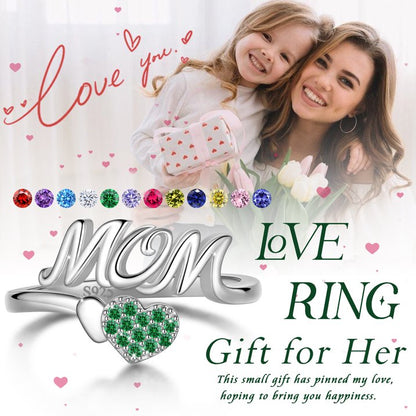 Beautlace Mom Adjustable Ring,925 Sterling Silver Love Heart May Emerald Birthstone Open Rings Mothers'Day Birthday Jewelry Gifts for Her Mom Women Gandma