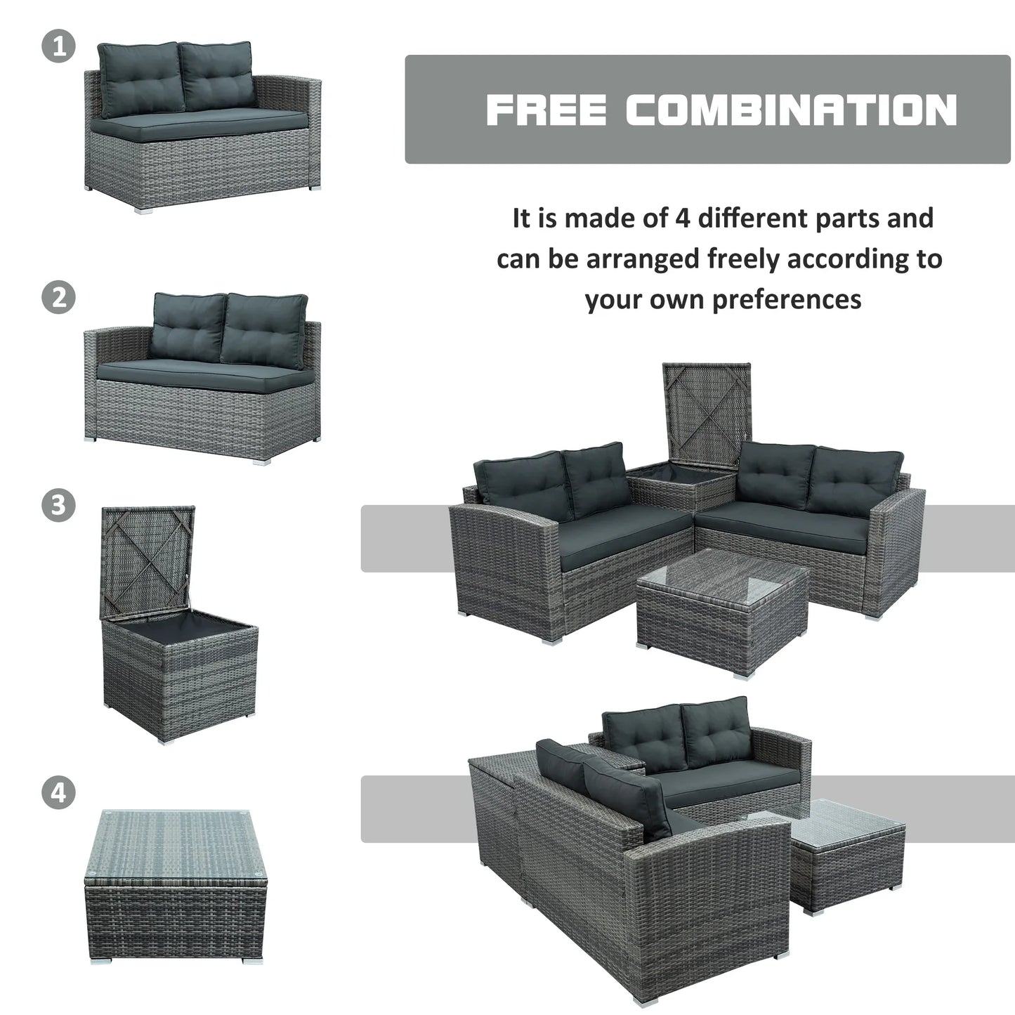 Seizeen 4 Pcs Patio Furniture Sets, Sectional Conversation Sofa Set with Storage Box & Table, Outdoor Wicker Rattan Furniture Set for Backyard Lawn Poolside Deck, Gray