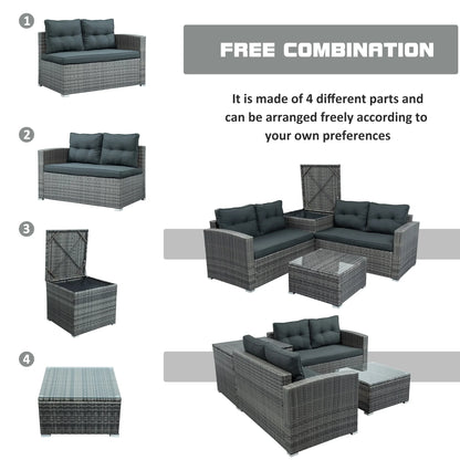 Seizeen 4 Pcs Patio Furniture Sets, Sectional Conversation Sofa Set with Storage Box & Table, Outdoor Wicker Rattan Furniture Set for Backyard Lawn Poolside Deck, Gray