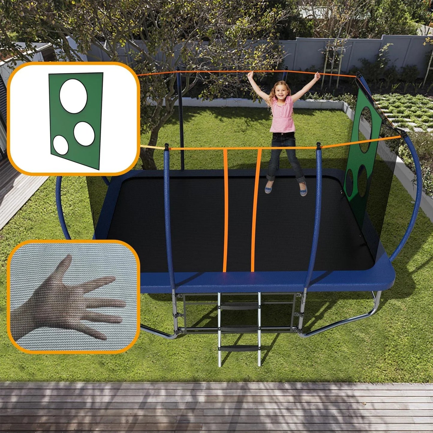 Seizeen Rectangular Trampoline for Kids and Adults, 8FT x 14FT Trampoline with Enclosure & Football Target Cloth, Pumpkin Outdoor Trampoline Anti-collision Curved Pole Design