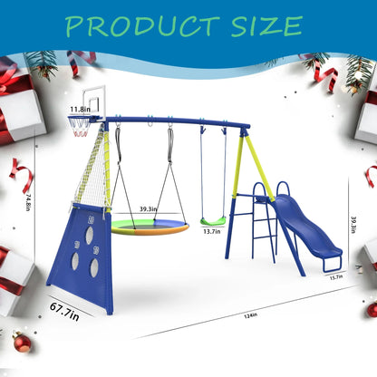 5 in 1 Metal Kids Swing Sets with Heavy Duty Outdoor A-Frame Metal Swing Stand for Playground