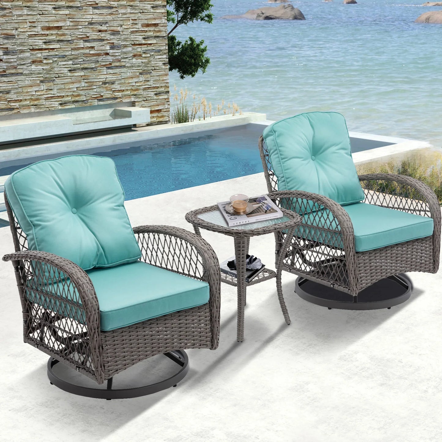 Seizeen Patio Furniture Set, 3 Pieces Outdoor Swivel Gliders Rocker, Wicker Bistro Set with Thickened Cushions, Rattan Porch Balcony Furniture Chair for 2 with Table, 360°Swivel