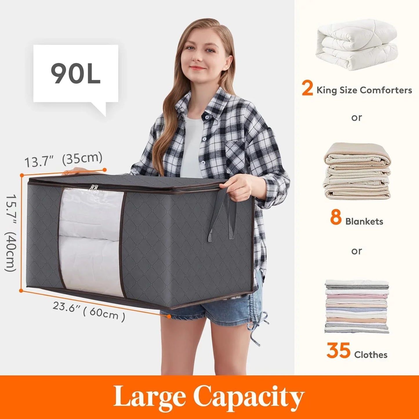 Uiz Merueh 6 Pack Clothes Storage Bags, 24 Gallon Storage Containers with Reinforced Handle Sturdy Zipper, Closet Storage for Blanket Comforter Pillow Bedding