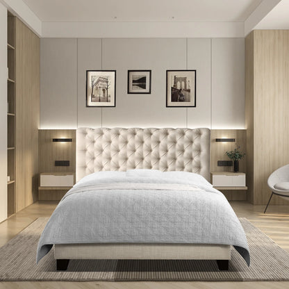 Rosina Roll Head Bed Frame, Fabric Upholstered Chesterfield-Styled Bed Frame with Adjustable Headboard, Wood Slat Support,Easy Assembly,Queen,Linen Beige