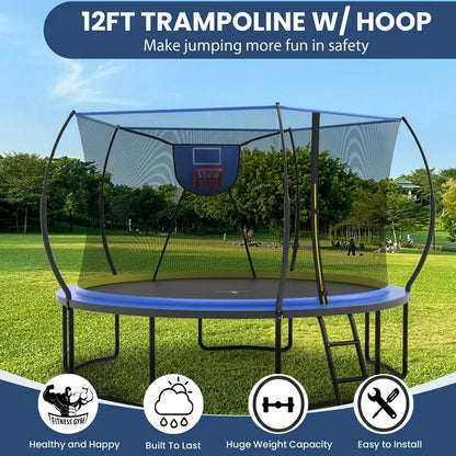 Seizeen NEW Trampoline for Kids - 12FT Trampoline W/Thickened Enclosure Net & Hoop, Outdoor Round Trampolines Max Weight 1500 LBS