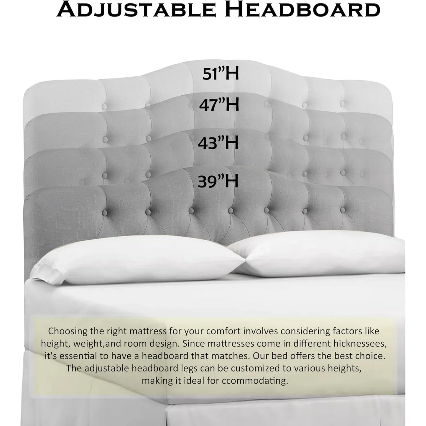 Adjustable Heigh Headboard with Linen Upholstery and Button Tufting for Bedroom,King,Dove Gray