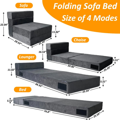 HYEASTR Folding Sofa Bed Convertible Sleeper Chair Floor Couch, High Resilience Memory Foam Lazy Sofa, Futon Sofa Sleeper Chair with Washable Cover for Living Room/Bedroom - Dark Gray
