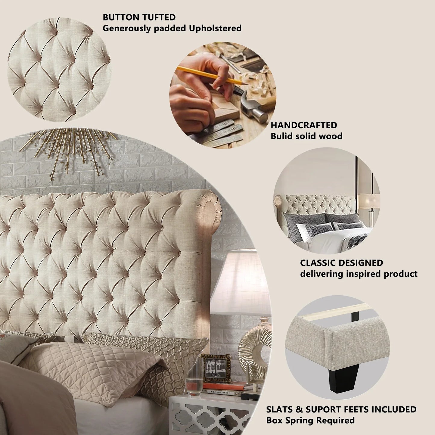 Rosina Roll Head Bed Frame, Fabric Upholstered Chesterfield-Styled Bed Frame with Adjustable Headboard, Wood Slat Support,Easy Assembly,Queen,Linen Beige