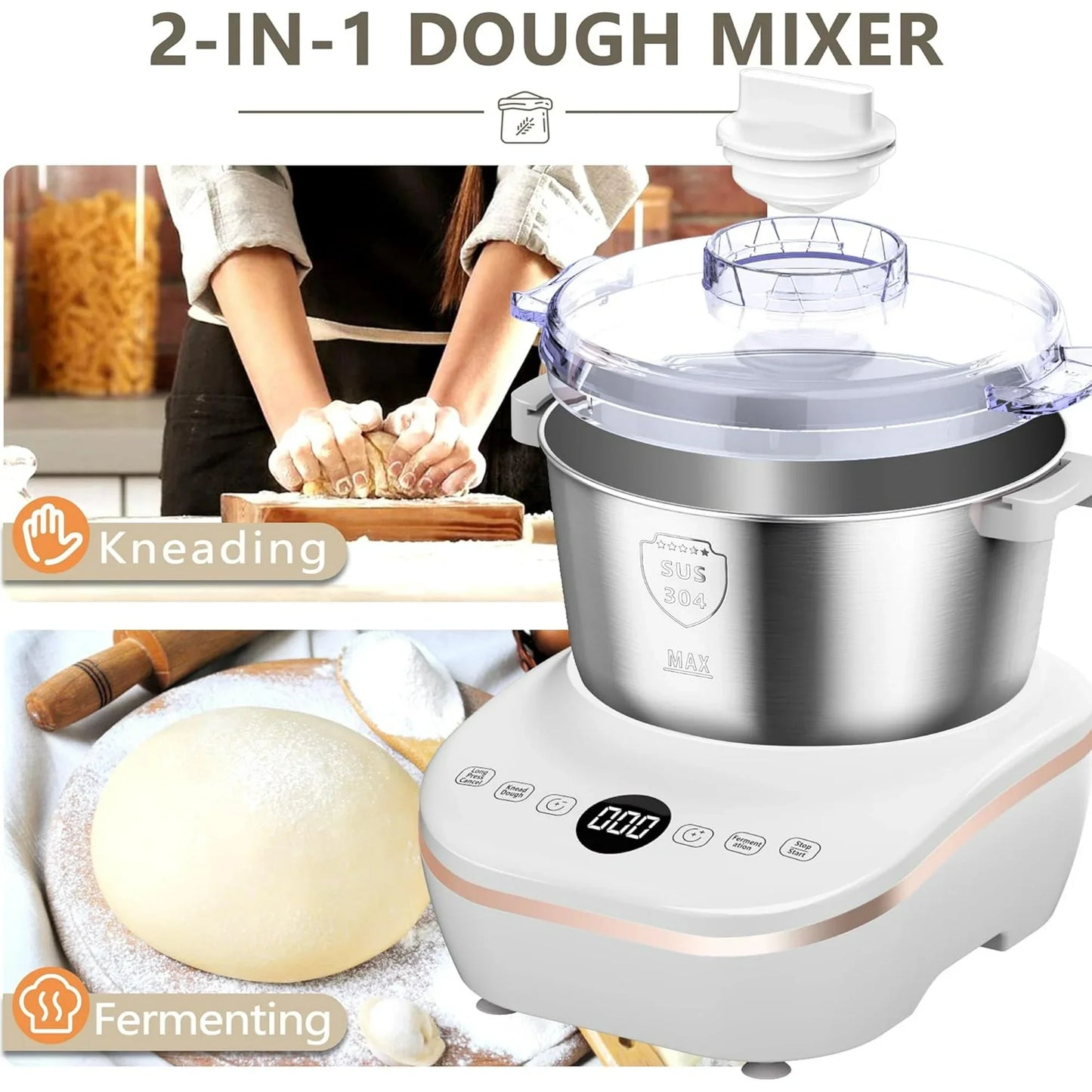 1000W 7.3QT Stand Mixer with Fermentation - Electric Dough Maker for Bread, Pizza, Dumplings & Noodles - 7L Capacity, White, Ideal for Home Baking